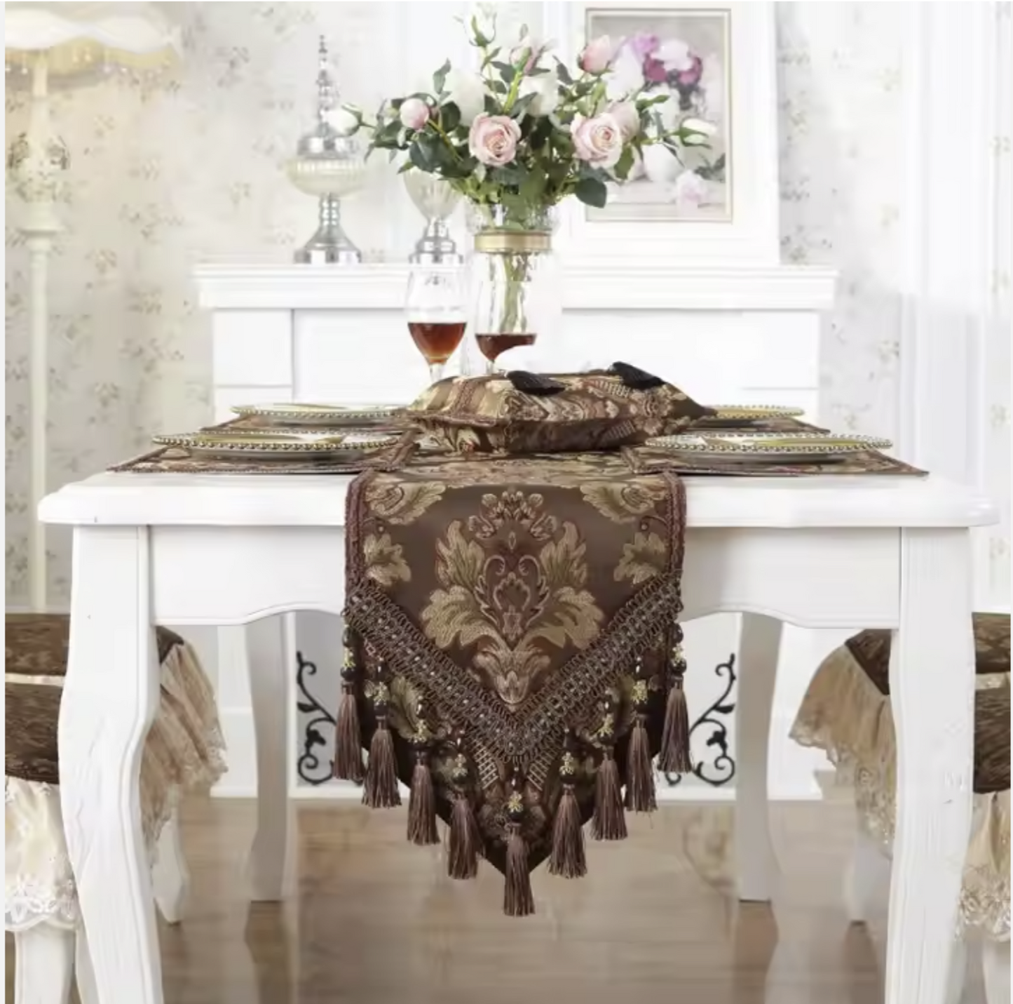 Elegant Jacquard Table Runner – European Style with Tassels for Banquets & Holidays